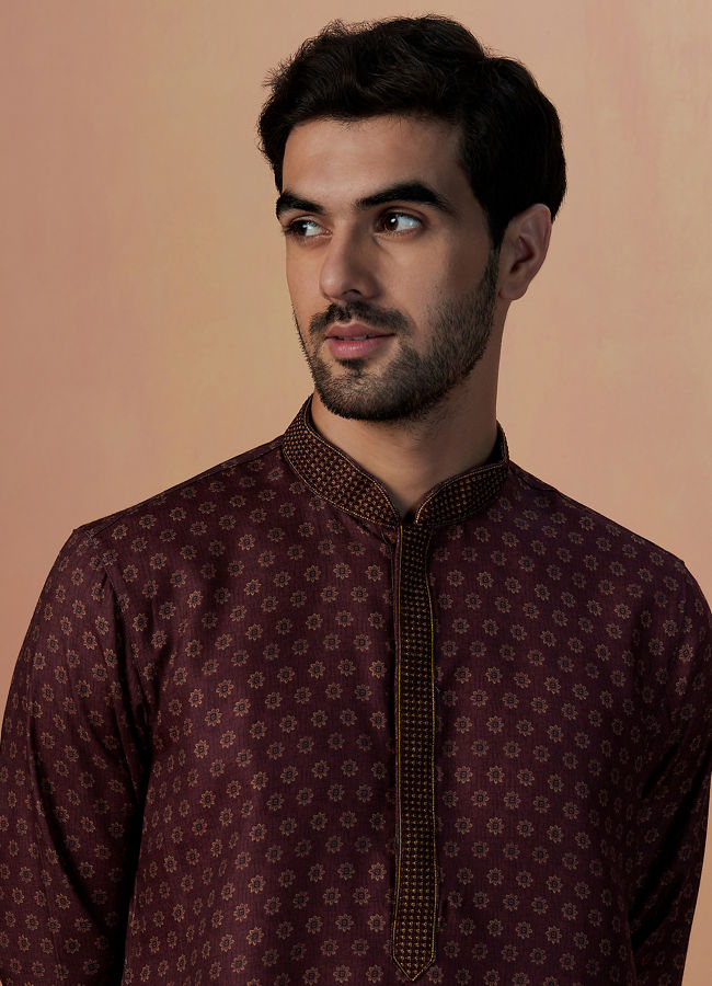 Buy Wine Floral Print Kurta Set Online In India Manyavar Kurta Pajama For Men 6157